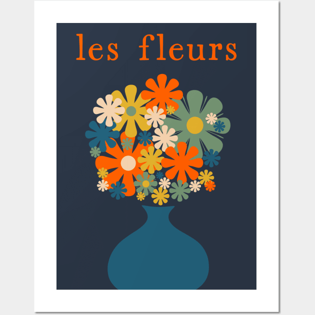 Les Fleurs Retro Flowers in Vase Blue Orange Wall Art by KierkegaardDesignStudio